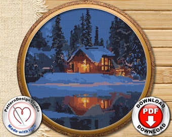 Nature cross stitch pattern Landscape Lake Winter House in forest Counted cross stitch chart Embroidery designs Digital Format PDF