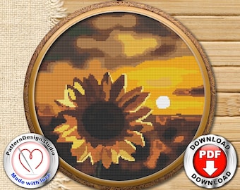 Nature Cross Stitch Pattern Landscape Sunflowers Sunset Simple Modern Counted Cross Stitch Chart Cross Stitch Gift Idea Digital Format PDF
