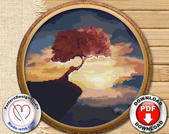 Nature cross stitch pattern Landscape Modern Cross Stitch Counted cross stitch chart Embroidery designs Tree Sky Sunset Digital Format PDF
