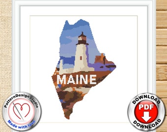 Maine State Modern Counted Cross Stitch Pattern Nature cross stitch, Embroidery Design, Lighthouse, Landscape, US States Digital Format PDF