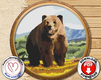 クマのクロスステッチパターン 動物のクロスステッチチャート モダンなクロスステッチ 刺繍パターン 刺繍デザイン デジタル形式 PDF