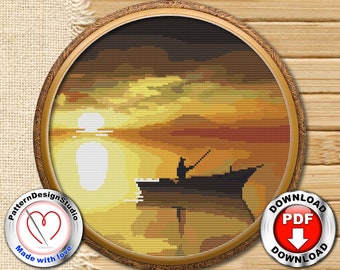 自然のクロスステッチパターン風景海太陽日没簡単シンプルモダンクロスステッチチャートクロスステッチギフトアイデアデジタルフォーマットPDF