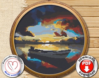 Nature Cross Stitch Pattern Landscape Sea Summer Easy Simple Modern Counted Cross Stitch Chart Cross Stitch Gift Idea Digital Format PDF