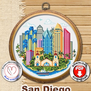 San Diego Cross Stitch Pattern PDF file, Califirnia, City Skyline, Travel cross stich, Cross Stitch World, Easy cross stitch, Travel gift