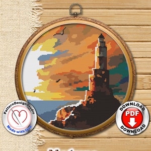 Vuurtoren landschap kruissteekpatroon natuur zee eenvoudig modern telpatroon kruissteek cadeau-idee digitaal formaat pdf