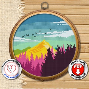 Mountains Modern Cross Stitch PDF Pattern Instant Download , Landscape Counted Cross Stitch Chart, Nature, Forest, DIY Craft Embroidery#P191
