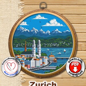 Zurich Switzerland Embroidery PDF Pattern Cross Stitch Download Travel Alps Mountains Lake Pattern Advanced Beginners #P249