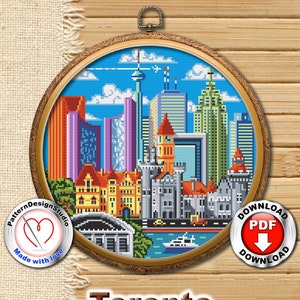 Toronto cross stitch pattern PDF digital file, Travel Canada cross stitch, City skyline, Cross stitch world, Embroidery pattern, Travel gift