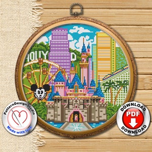 ロサンゼルスのクロスステッチ パターン PDF デジタル ファイル、カリフォルニア旅行のクロスステッチ、都市のスカイライン、モダンなクロスステッチ、クロスステッチの世界