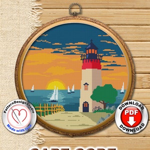 Faro cruz punto bordado PDF patrón descargar, paisaje de Cape Code Massachusetts, punto de cruz moderno, gráfico de punto de cruz