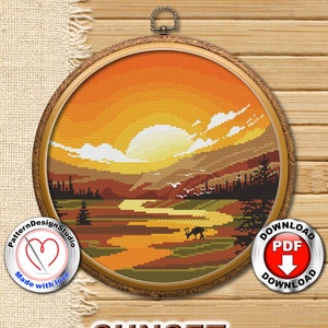 Sunset in the Forest Embroidery PDF Pattern Cross Stitch Download Deer River Nature Romantic Pattern Advanced Beginners #P236