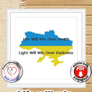 Ukraine Kreuzstichmuster PDF Das Leben siegt über den Tod Licht siegt über die Dunkelheit Blau Gelb Stickmotive Stand mit der Ukraine