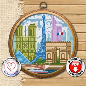 Paris cross stitch pattern PDF download, France city skyline, Eiffel Tower, Travel cross stitch, counted cross stitch, Travel gift