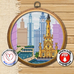 File digitale PDF modello punto croce Chicago, punto croce Travel USA, skyline della città, motivo ricamo, motivo ricamo, regalo di viaggio
