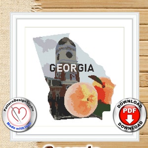Georgia State Modern Counted Cross Stitch Pattern, Nature cross stitch, Embroidery Design, City Skyline, Peach, Landscape Digital Format PDF