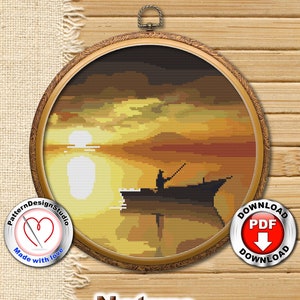 Natuur kruissteekpatroon landschap zee zon zonsondergang eenvoudig eenvoudig modern telpatroon kruissteek cadeau-idee digitaal formaat pdf