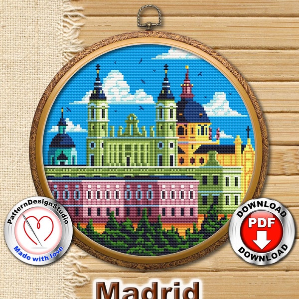 Madrid Cross Stitch Pattern PDF, Spain Cross Stitch, City scenes, Counted cross stitch chart, Travel cross stitch, Gift for travelers