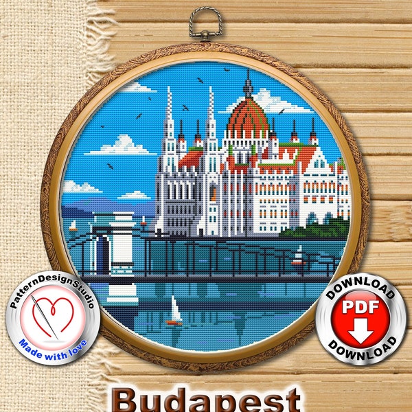 Budapest Cross Stitch PDF Pattern Download, Hungary, City scenes, Travel cross stitch, Modern cross stitch, Gift for travelers