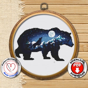 Schemi punto croce animali silhouette orso Schema punto croce orso, natura, paesaggio, animale, montagna, lupo Download istantaneo PDF