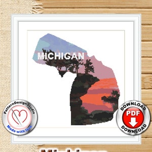 Michigan State Modern Counted Cross Stitch Pattern Nature cross stitch, Embroidery Design, Landscape, Sunset, US States, Digital Format PDF
