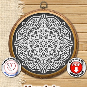 Black and white mandala cross stitch pattern, Flower embroidery design, Modern cross stitch, Cross stitch chart, Digital file PDF