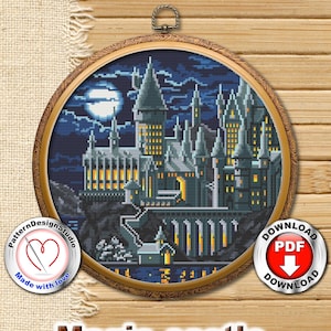 Magic Castle Cross Stitch Pattern PDF Fantasy castle Wizard school Modern embroidery design Easy counted cross stitch