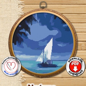 Nature Cross Stitch Pattern Landscape Ship Counted Cross Stitch Chart Cross Stitch Seascape Embroidery Design Instant Download PDF