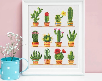 Cactus cross stitch Modern cross stitch pattern Potted Flowers Easy cross stitch chart Beginner needlecraft pattern PDF Download #P154