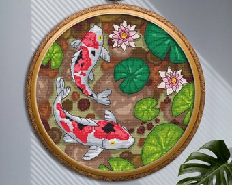 Koi fish pond cross stitch pattern PDF download, Oriental Koi carps lotus, koi fish wall art, embroidery design on hoop, Modern cross stitch