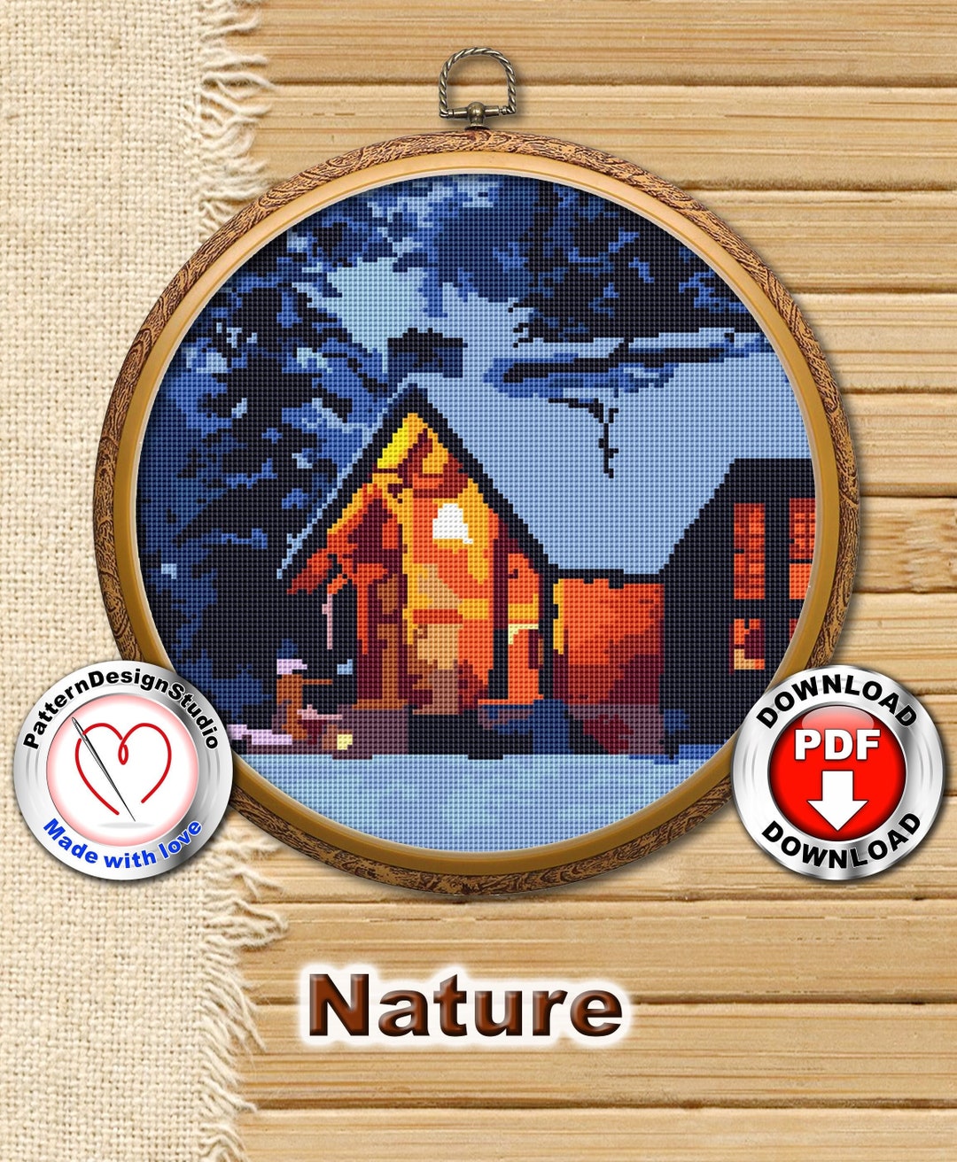 Nature Cross Stitch Pattern Landscape Winter House in Forest Counted ...
