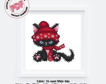 Winter Grumpy Cat Cross Stitch Pattern PDF, Black Cat in Hat and Scarf, Funny Holiday Embroidery, Cute Winter Decor, Gift for Cat Lovers