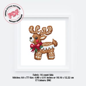 May include: Cross stitch pattern of a gingerbread reindeer with red and green decorations. The pattern is for 16 count Aida fabric and measures 4 inches by 4.81 inches. It uses 17 DMC colours.