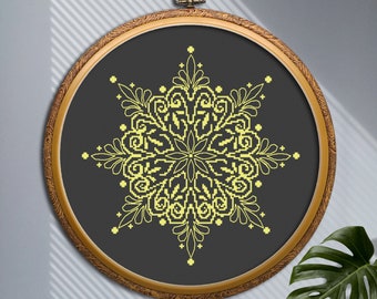 Floral mandala cross stitch pattern PDF download, Simple mandala ornament cross stitch, Snowflake hand embroidery design, Monochrome mandala