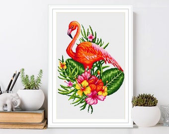 フラミンゴ #P340 クロスステッチ パターン PDF 即時ダウンロード | フローラル フラミンゴ | クロスステッチ | クロスステッチ チャート | DIY ウォール アート