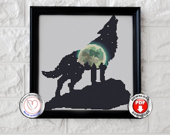 Animals Cross Stitch Patterns Wolf Starry Sky Nature Landscape Full Moon Cross Stitch Easy Modern Embroidery Designs Digital Format PDF