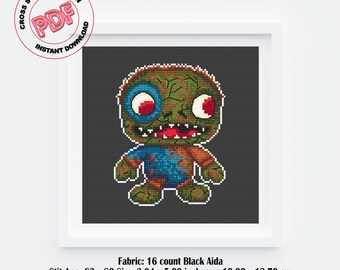 Patrón de punto de cruz de zombi de terror en PDF, diseño de bordado gótico de Halloween, gráfico de punto de cruz de monstruo con cicatrices, regalo gótico de Halloween