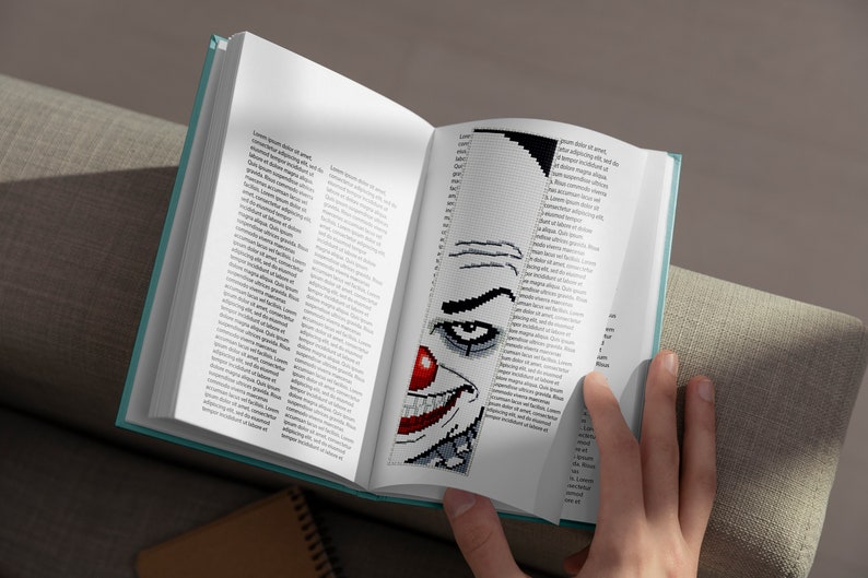Horror bookmark cross stitch pattern PDF download, Creepy clown handmade bookmark for book lover gifts, Scary gothic bookmark, Reader gift image 4