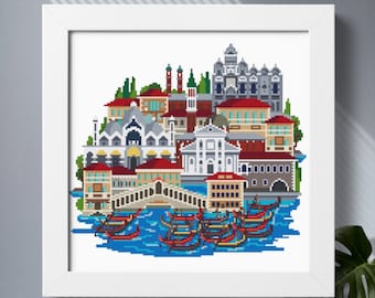 Venice cross stitch pattern PDF Italy cityscape Easy counted cross stitch chart City skyline Travel Embroidery design Modern cross stitch