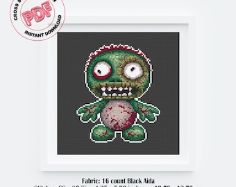 Patrón de punto de cruz gótico en PDF, diseño de bordado de Halloween de zombi espeluznante, gráfico de punto de cruz de monstruo de terror, regalo de Halloween gótico