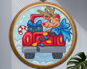 Christmas deer cross stitch pattern PDF download, Easy Cute animal Rudolph cross stitch, Winter Holiday embroidery, Kids Christmas ornament