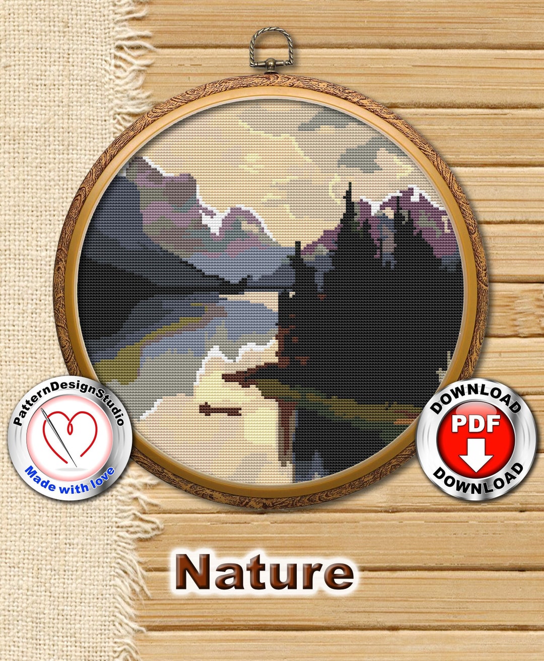 Mountain Cross Stitch Pattern PDF, Nature Landscape Scene Embroidery ...