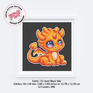 Baby Dragon Cross Stitch Pattern PDF Download, Fantasy Embroidery Design, Magical Cross Stitch Chart, Cute Orange Dragon DIY Baby Room Decor