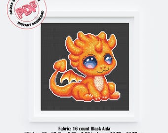 Baby Dragon Cross Stitch Pattern PDF Download, Fantasy Embroidery Design, Magical Cross Stitch Chart, Cute Orange Dragon DIY Baby Room Decor