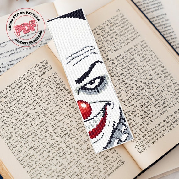 Horror bookmark cross stitch pattern PDF download, Creepy clown handmade bookmark for book lover gifts, Scary gothic bookmark, Reader gift