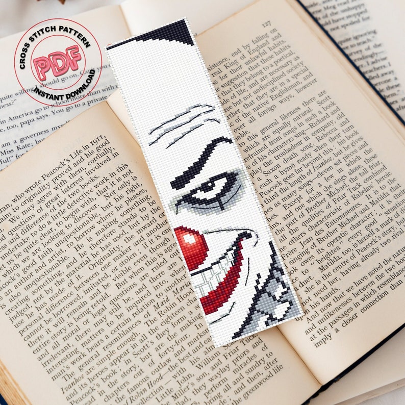 Horror bookmark cross stitch pattern PDF download, Creepy clown handmade bookmark for book lover gifts, Scary gothic bookmark, Reader gift image 1
