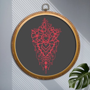 Flower mandala cross stitch pattern PDF download, Heart mandala embroidery pattern, Easy floral ornament cross stitch chart, Simple mandala