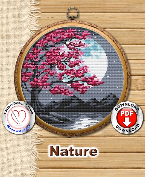 Motif PDF Point De Croix Fleurs De Cerisier Au Clair De Lune, Motif De Broderie Japonais Sakura, Grille De Points Ciel Nocturne, Décoration Zen - France