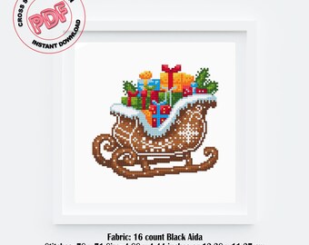 Gingerbread Sleigh Cross Stitch Pattern PDF, Festive Winter Christmas Embroidery Design, Gingerbread cookies ornament, Gingerbread decor