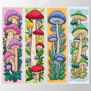 Conjunto de marcadores de cogumelo, padrão de ponto cruz em PDF, cogumelo mágico Toadstool, bordado botânico, presente de amante de livro de marcadores de outono feito à mão