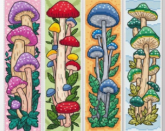 キノコのブックマークセット クロスステッチ パターン PDF、毒キノコのマジック マッシュルーム、植物の刺繍、秋の手作りブックマーク 本好きへのギフト